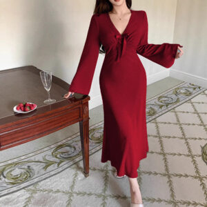 Womens AutumnWinter V-Neck Dress With French Lace Trim