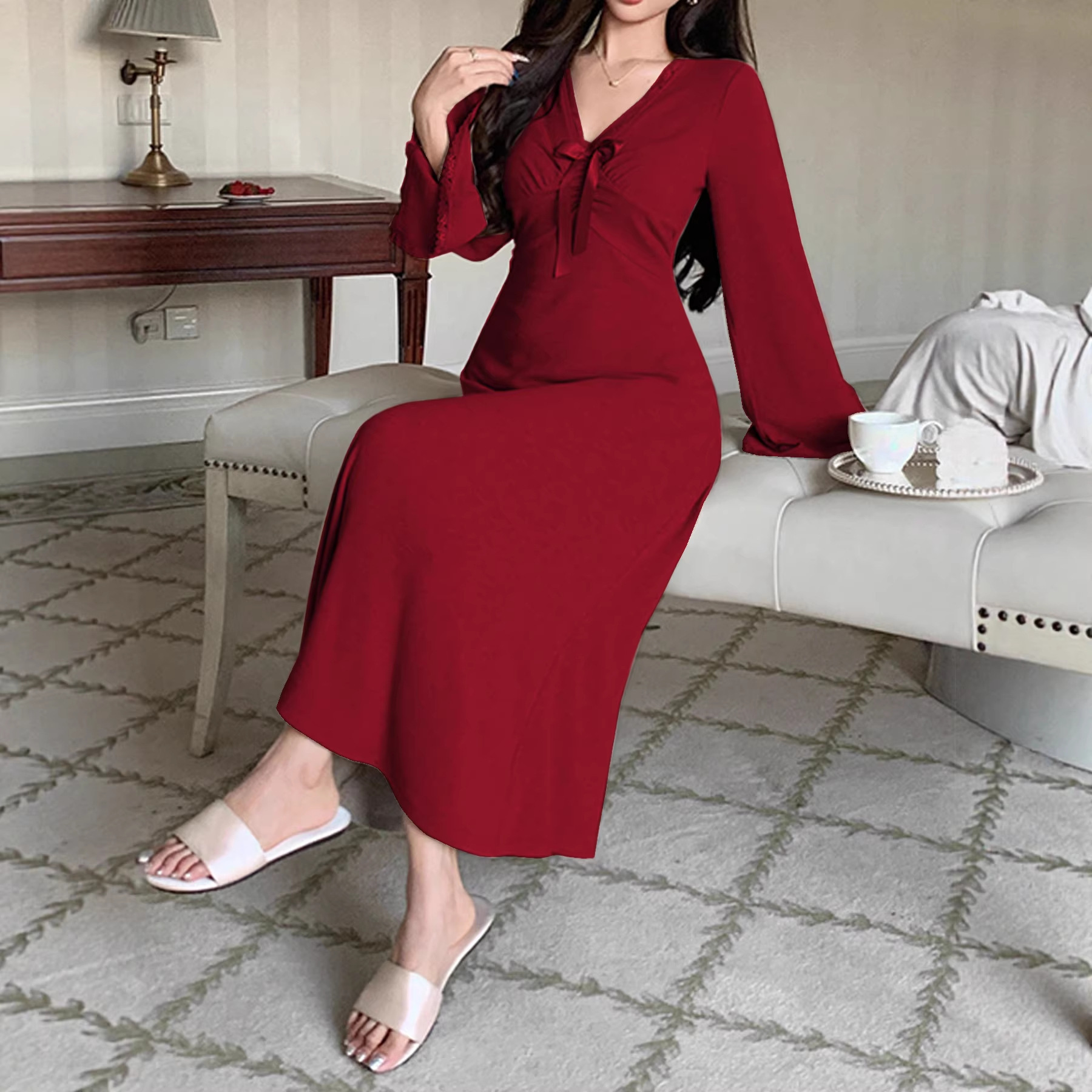 Womens AutumnWinter V-Neck Dress With French Lace Trim - Image 2