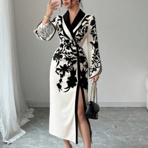 Womens Skirt Floral Print Cross Neckline Slit Maxi Dress