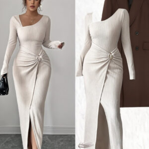 Womens Slim Fit Body Hugging Slit Neck Long Sleeve Knit Dress