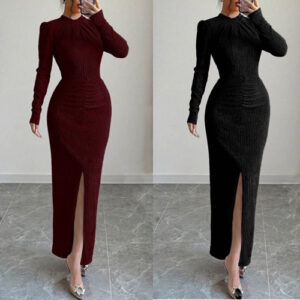 Round-neck Fitted-waist Sheath Dress With A Slit