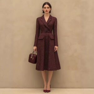 Retro Elegant Red Tweed Skirt With A Lapel Neckline