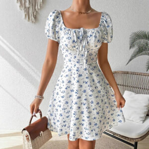 French-style Fashionable Puff-sleeved Floral Dopamine-chic Dress