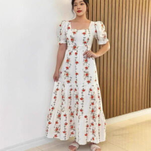 Long Luxurious Short Sleeve Printed Dress