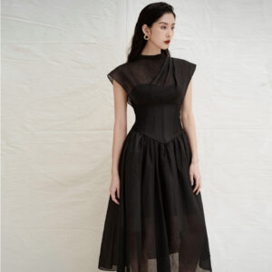 Womens Solid-Color Pleated High-Waist Black Sheer Dress That The