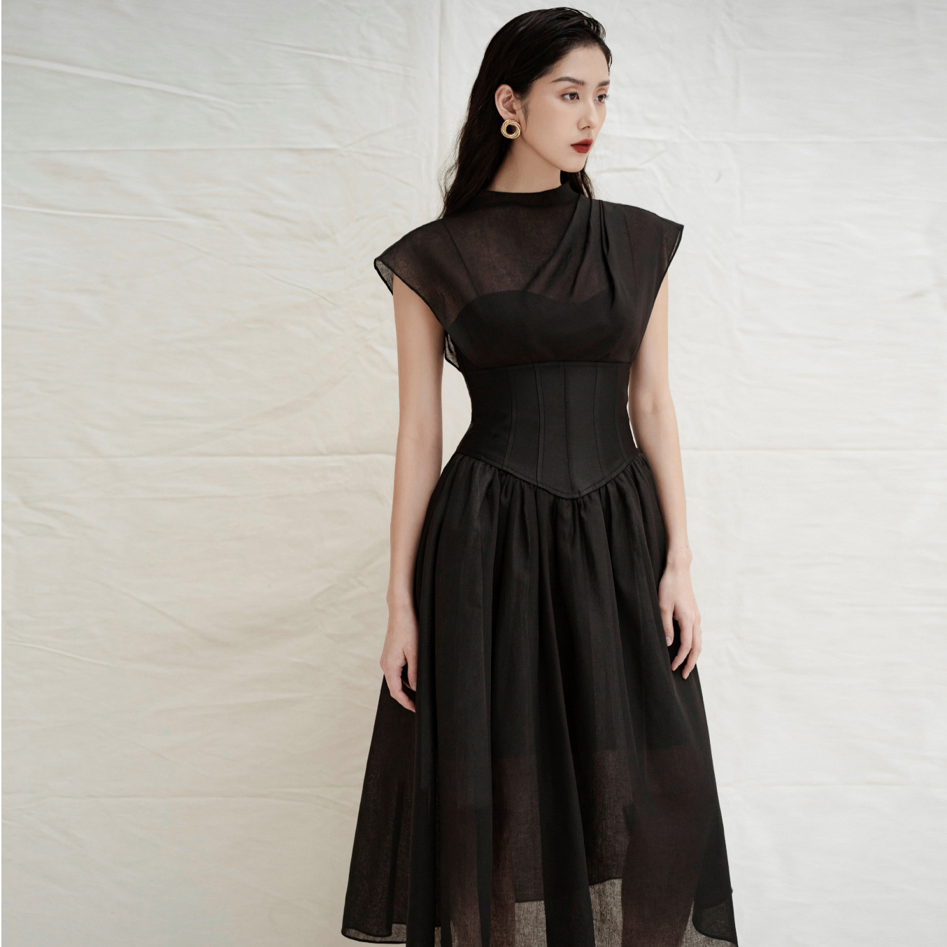 Womens Solid-Color Pleated High-Waist Black Sheer Dress That The