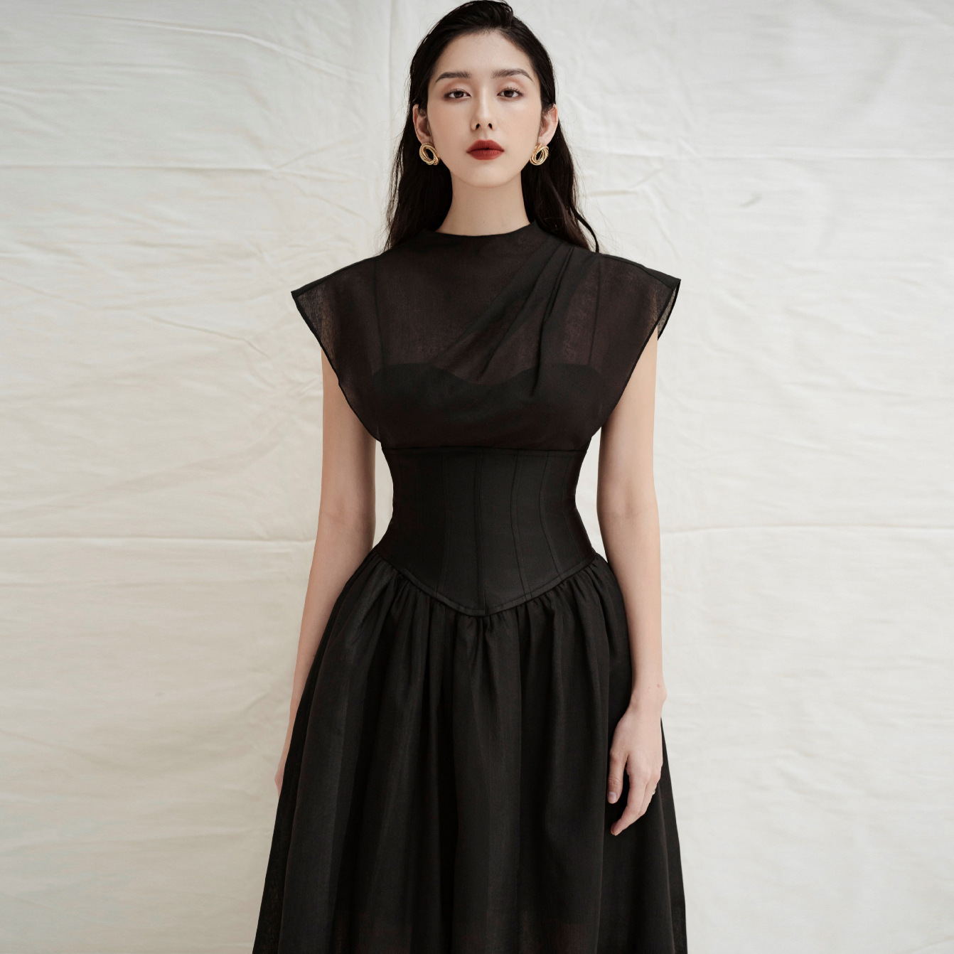 Womens Solid-Color Pleated High-Waist Black Sheer Dress That The - Image 2