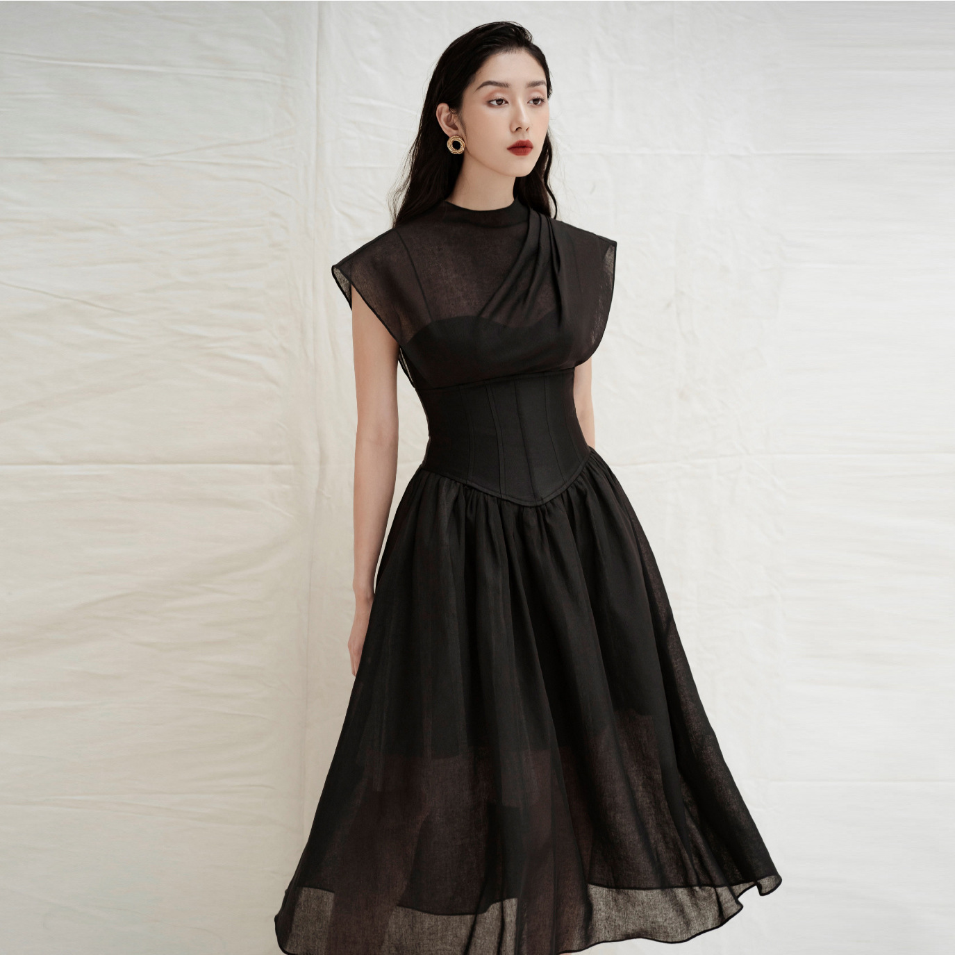Womens Solid-Color Pleated High-Waist Black Sheer Dress That The - Image 3