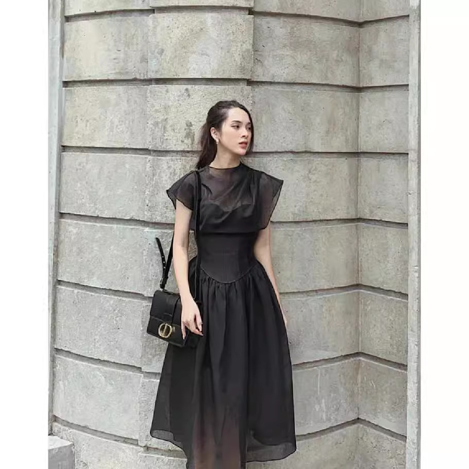Womens Solid-Color Pleated High-Waist Black Sheer Dress That The - Image 4