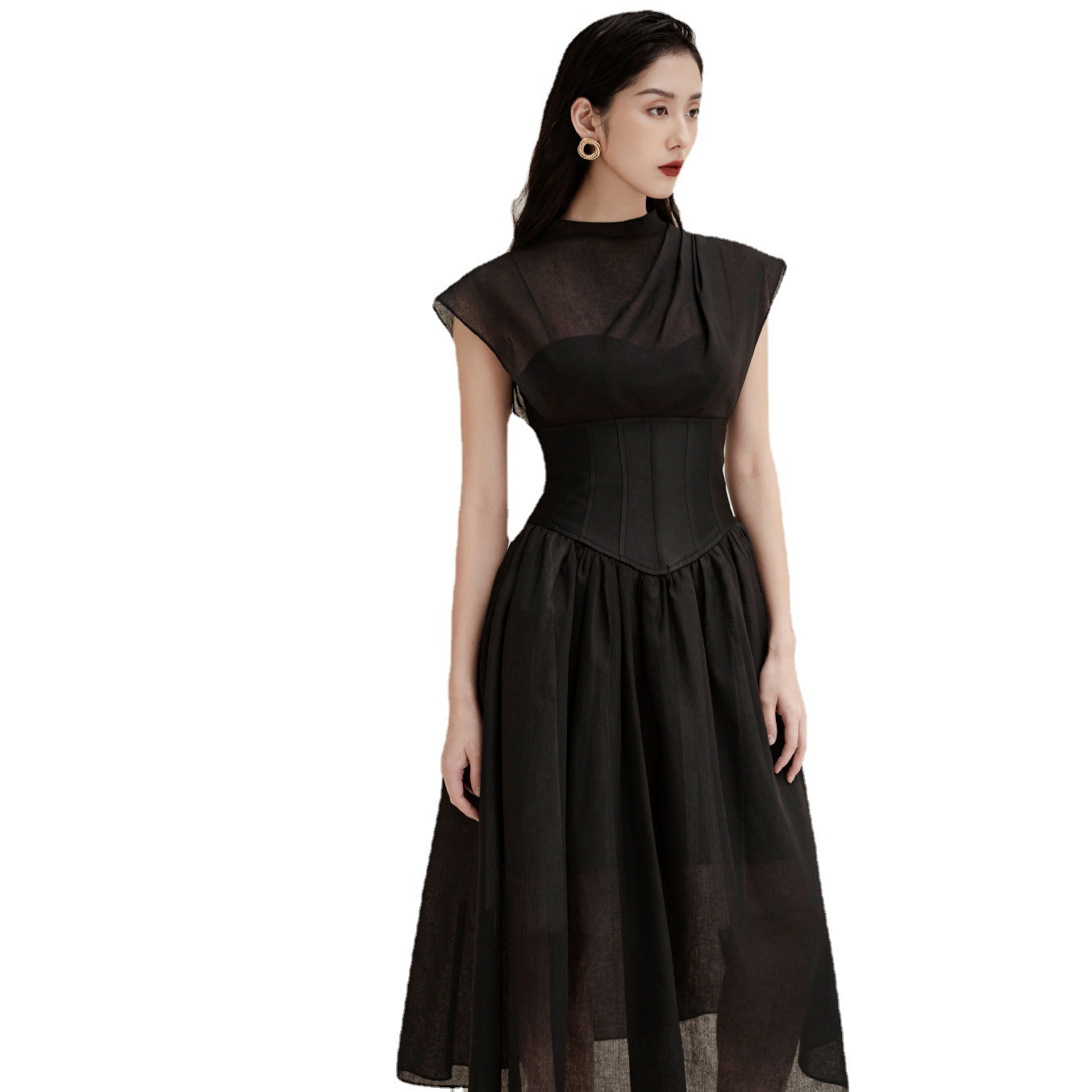 Womens Solid-Color Pleated High-Waist Black Sheer Dress That The - Image 5
