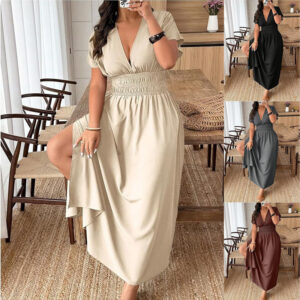 V-neck Short-sleeve Loose-fitting High-waisted Pleated Maxi Dress With A Slit