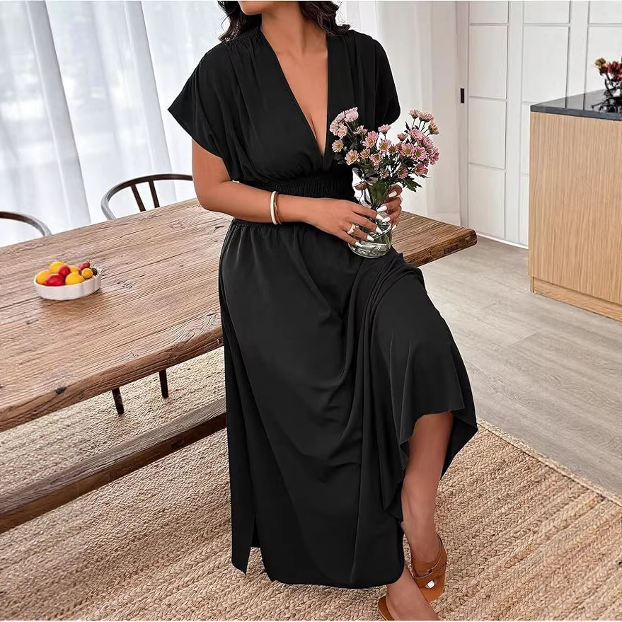 V-neck Short-sleeve Loose-fitting High-waisted Pleated Maxi Dress With A Slit - Image 2