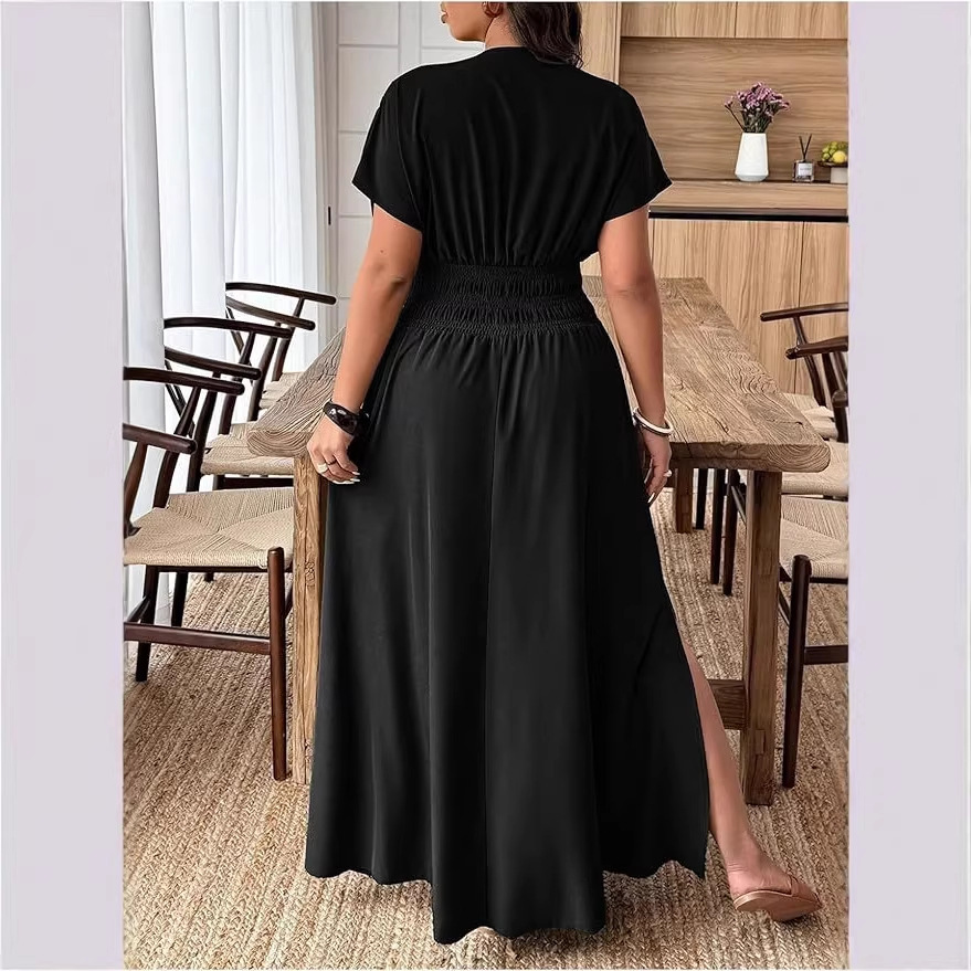 V-neck Short-sleeve Loose-fitting High-waisted Pleated Maxi Dress With A Slit - Image 3