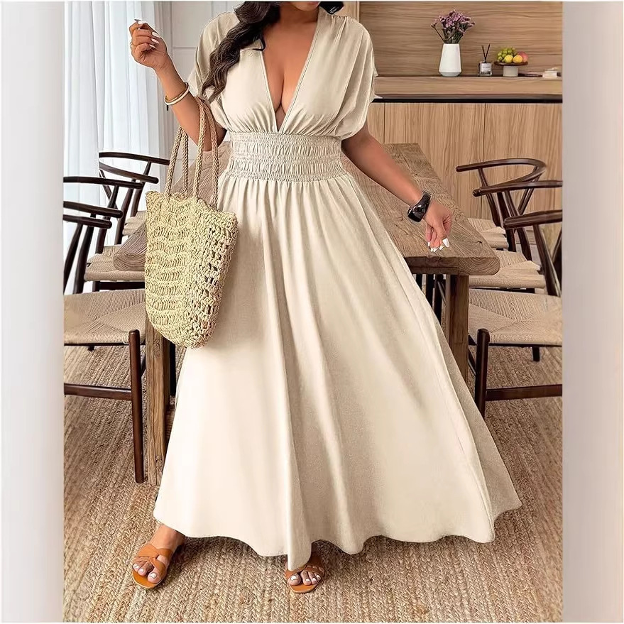 V-neck Short-sleeve Loose-fitting High-waisted Pleated Maxi Dress With A Slit - Image 4