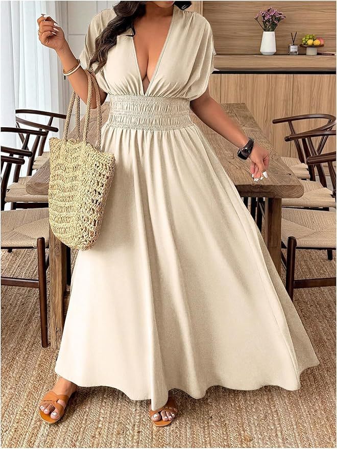 V-neck Short-sleeve Loose-fitting High-waisted Pleated Maxi Dress With A Slit - Image 5