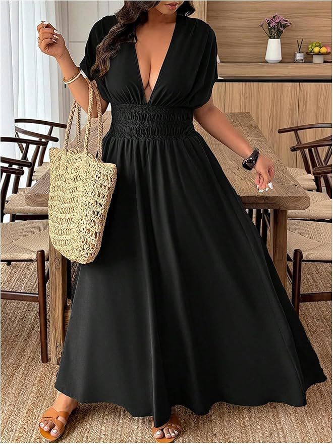 V-neck Short-sleeve Loose-fitting High-waisted Pleated Maxi Dress With A Slit - Image 6
