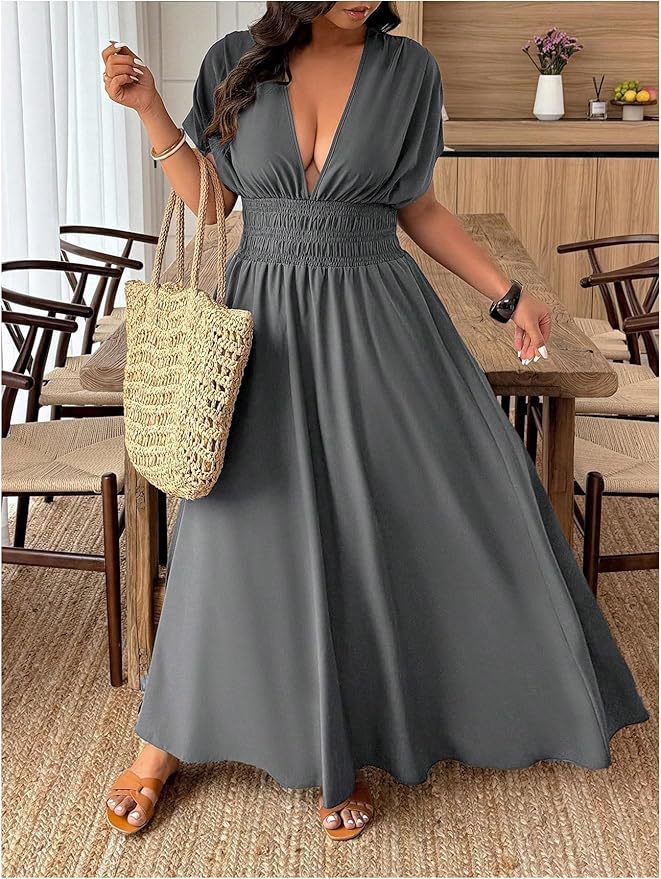 V-neck Short-sleeve Loose-fitting High-waisted Pleated Maxi Dress With A Slit - Image 7