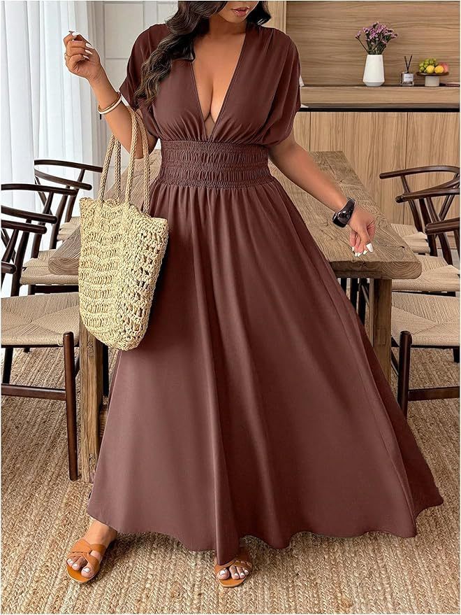V-neck Short-sleeve Loose-fitting High-waisted Pleated Maxi Dress With A Slit - Image 8