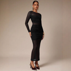 Womens Solid-Color Crew-Neck Mesh-Patchwork Bodycon Midi Skirt