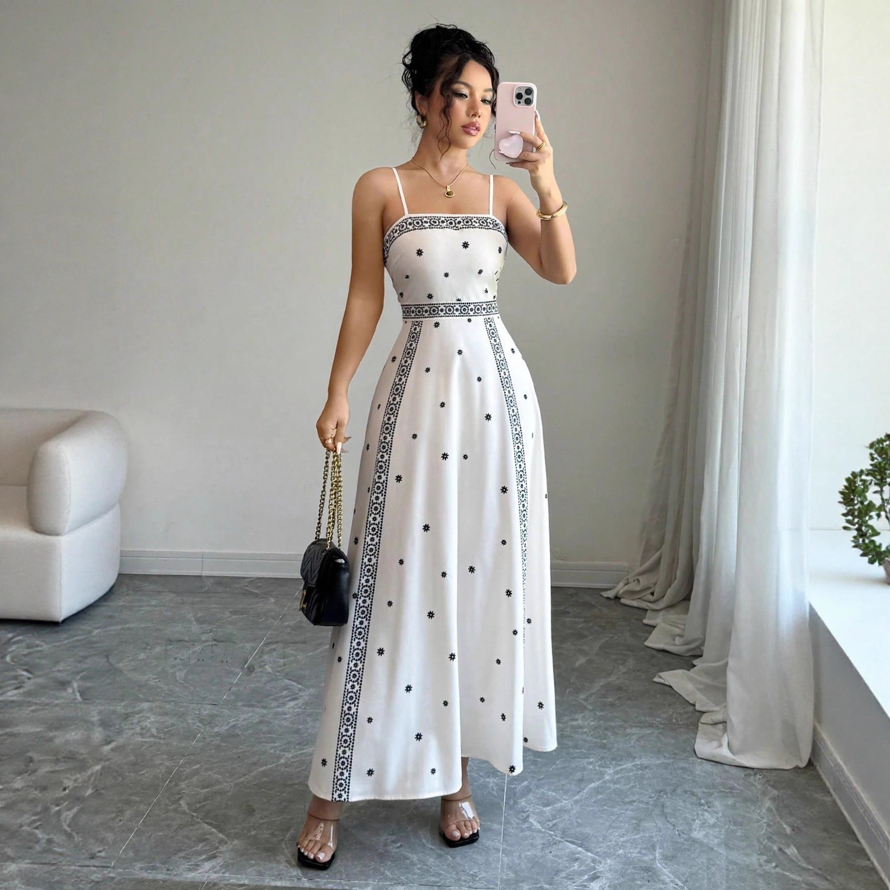 Fitted-waist White Printed A-line Maxi Dress