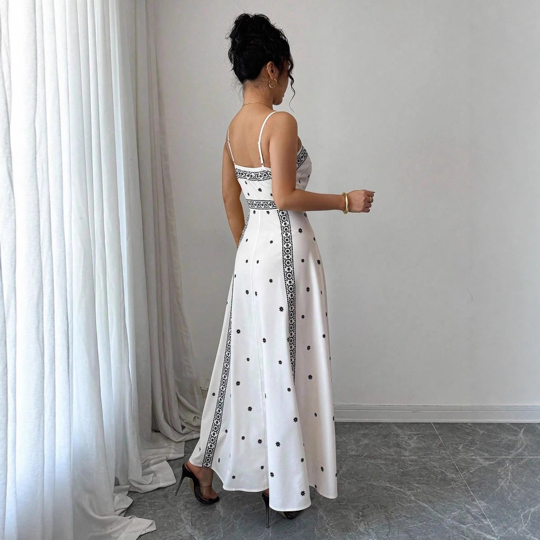 Fitted-waist White Printed A-line Maxi Dress - Image 2