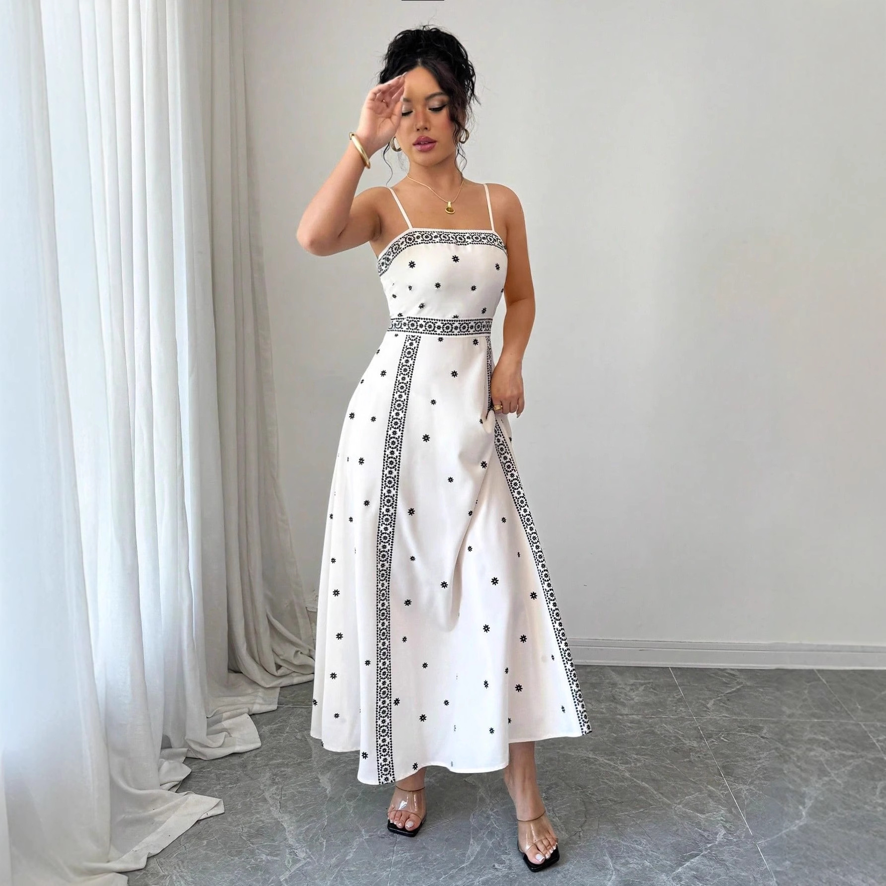 Fitted-waist White Printed A-line Maxi Dress - Image 3