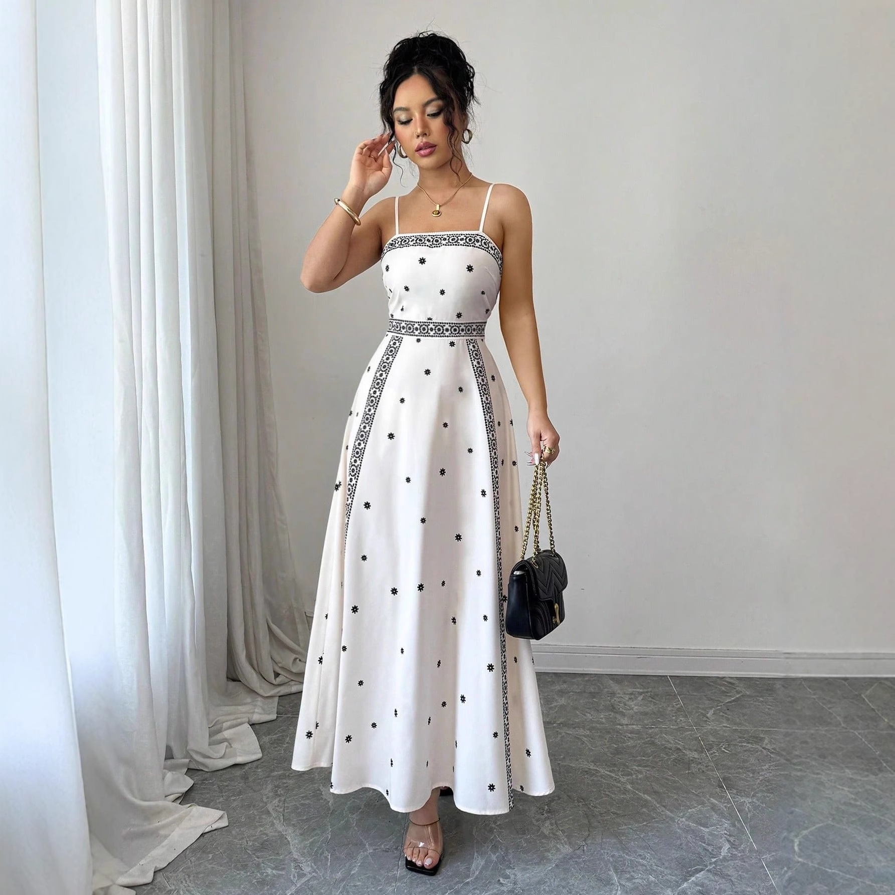 Fitted-waist White Printed A-line Maxi Dress - Image 4