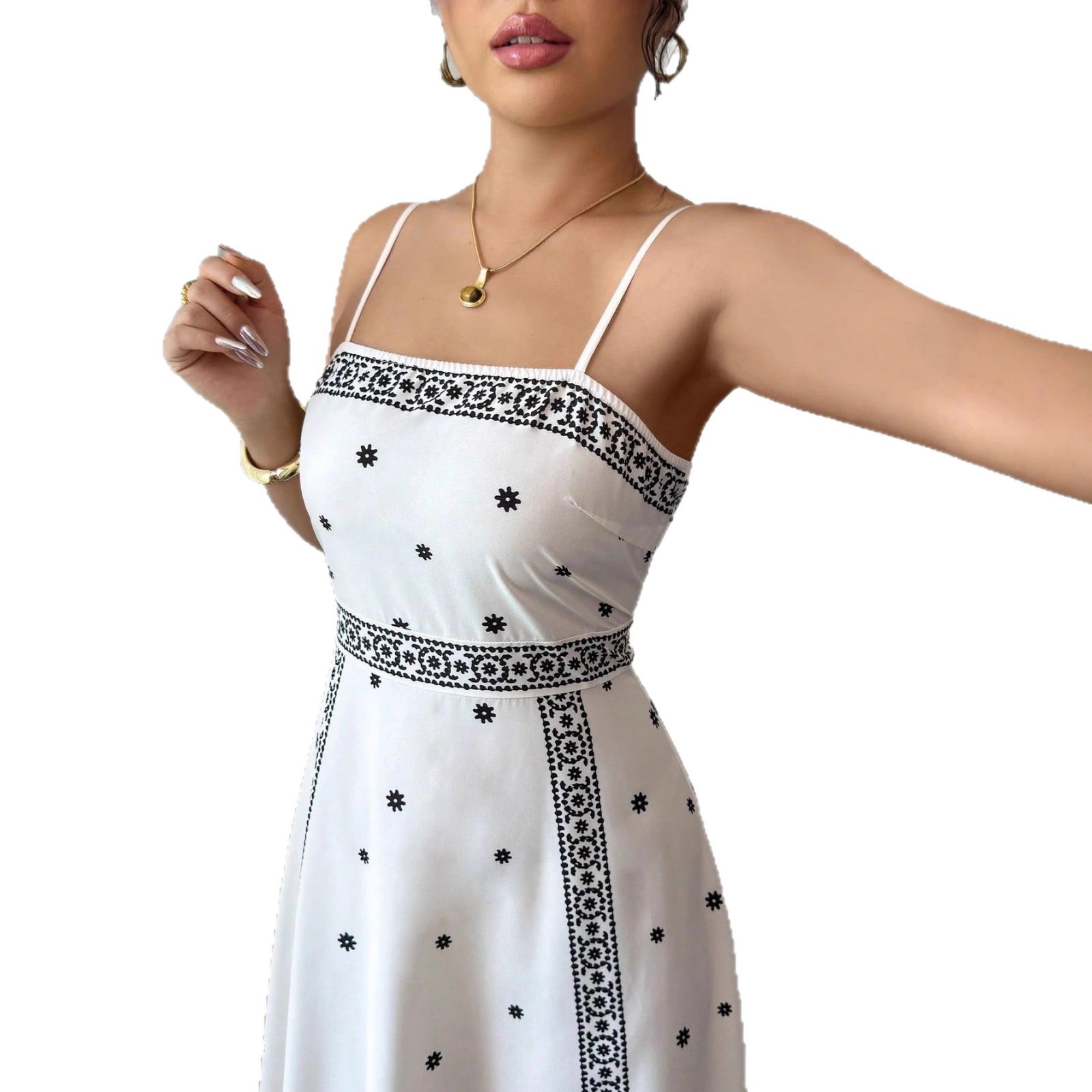 Fitted-waist White Printed A-line Maxi Dress - Image 5