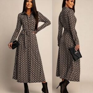 European And American-style Long-sleeve Waist-cinched Printed Dress