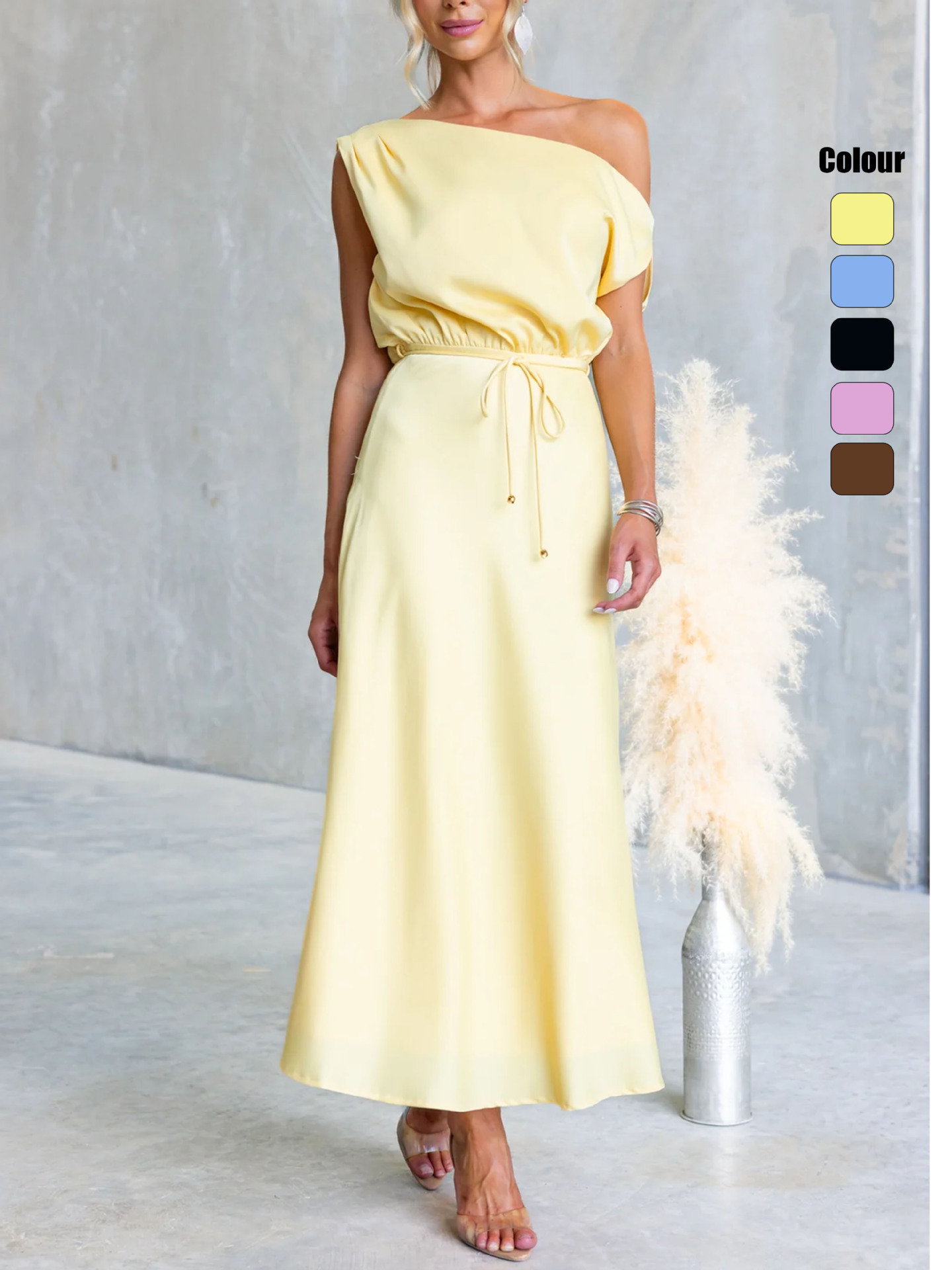 Slant Shoulder Solid Color Lace Up Dress - Image 2