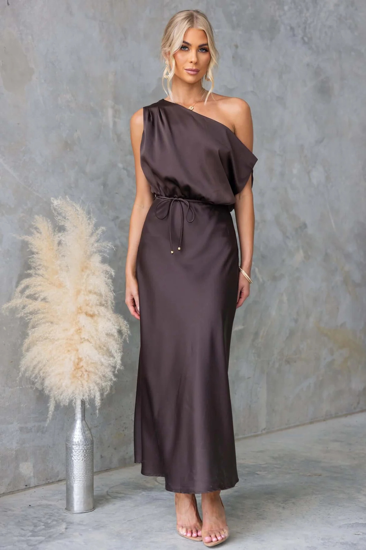 Slant Shoulder Solid Color Lace Up Dress - Image 6