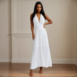 Neck Hanging Sleeveless Pleated Maxi Dress Flattering Backless Gown