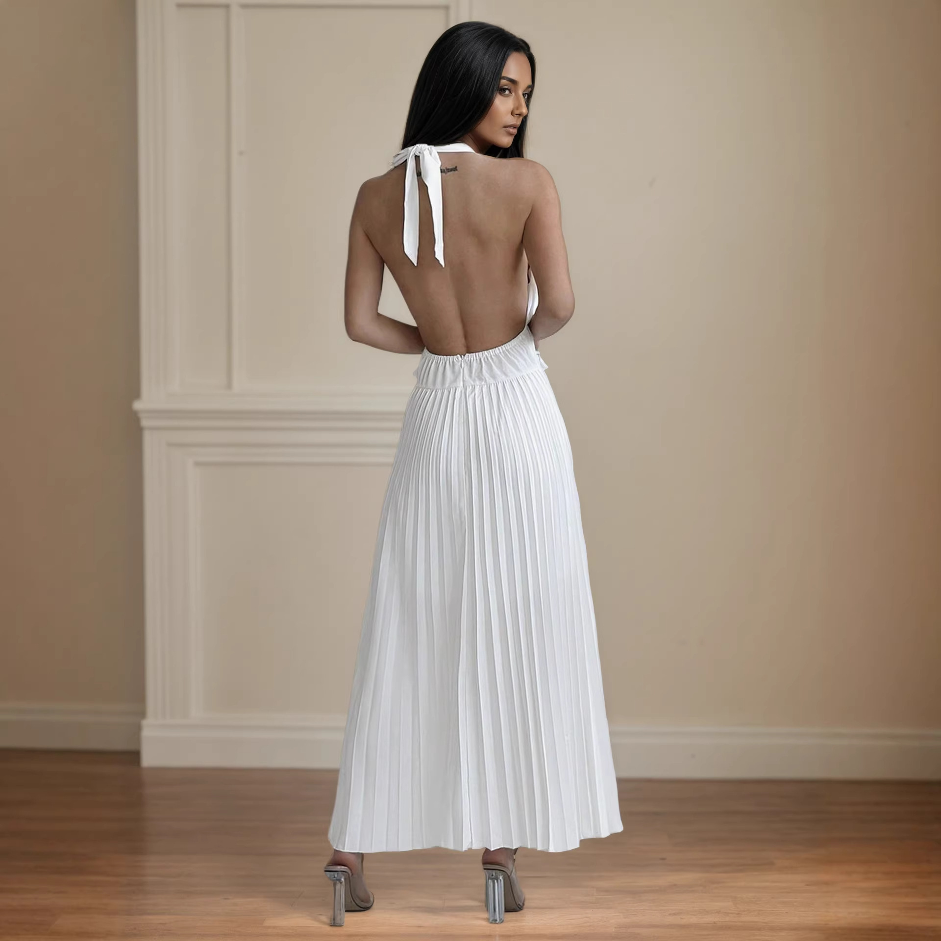 Neck Hanging Sleeveless Pleated Maxi Dress Flattering Backless Gown - Image 2