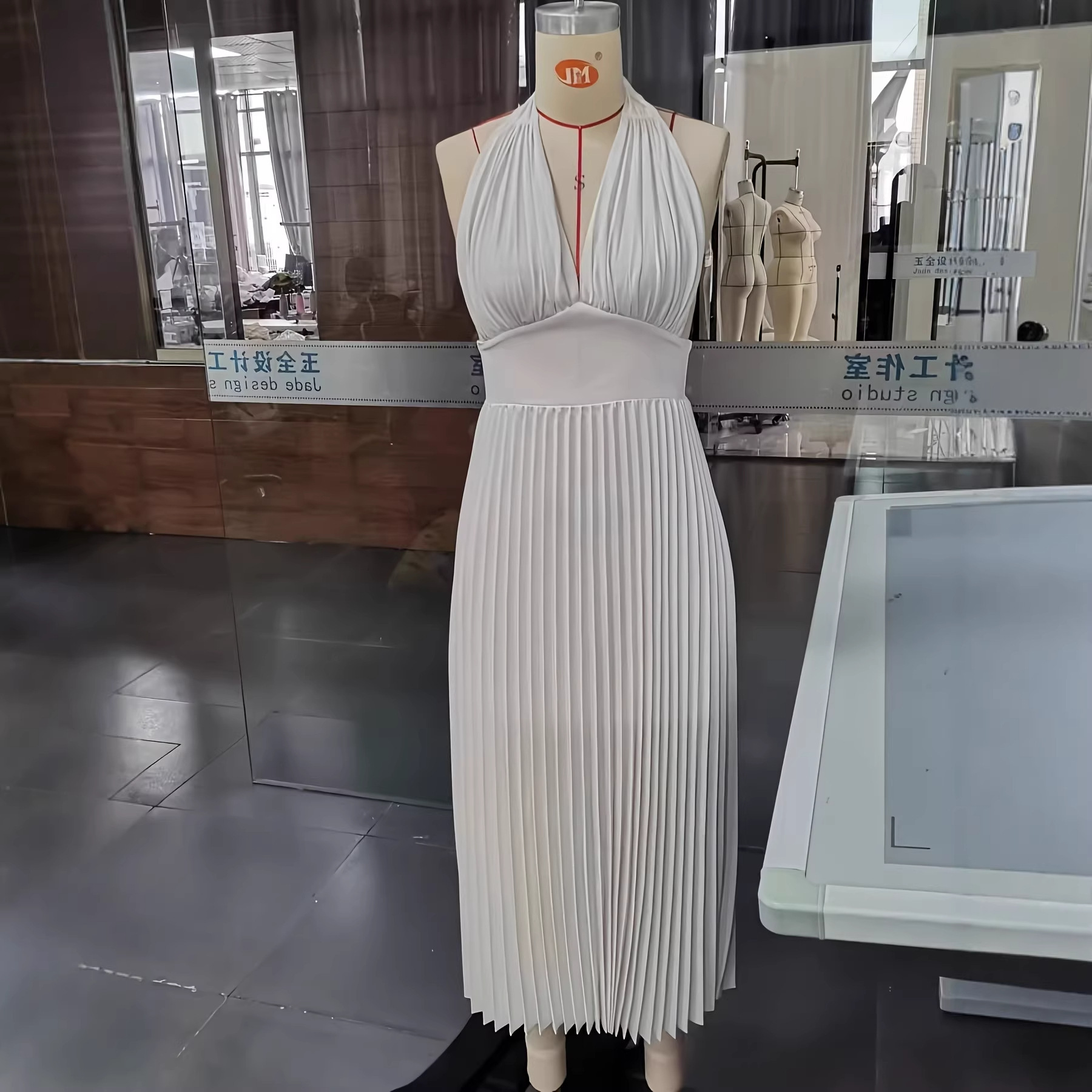 Neck Hanging Sleeveless Pleated Maxi Dress Flattering Backless Gown - Image 3