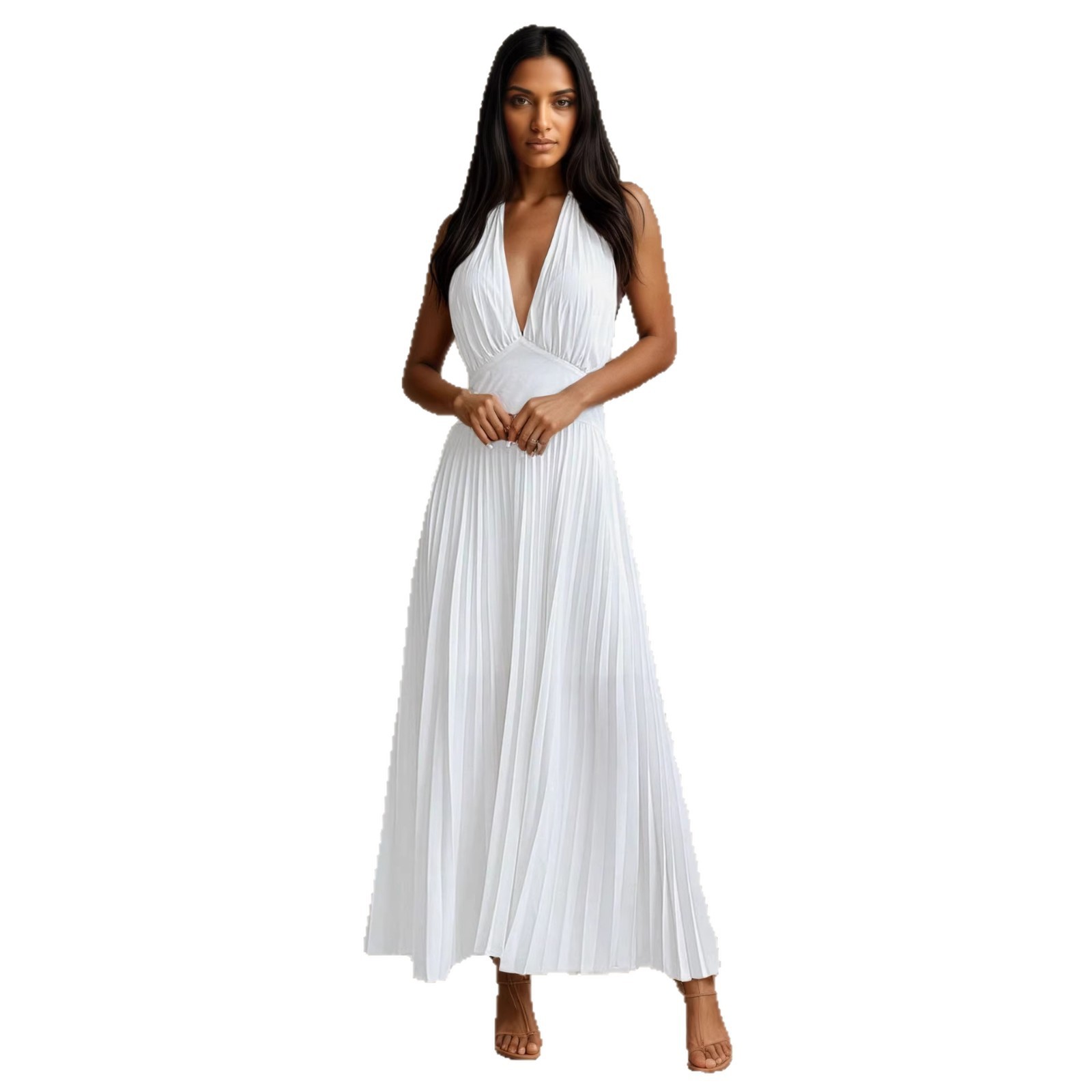 Neck Hanging Sleeveless Pleated Maxi Dress Flattering Backless Gown - Image 4