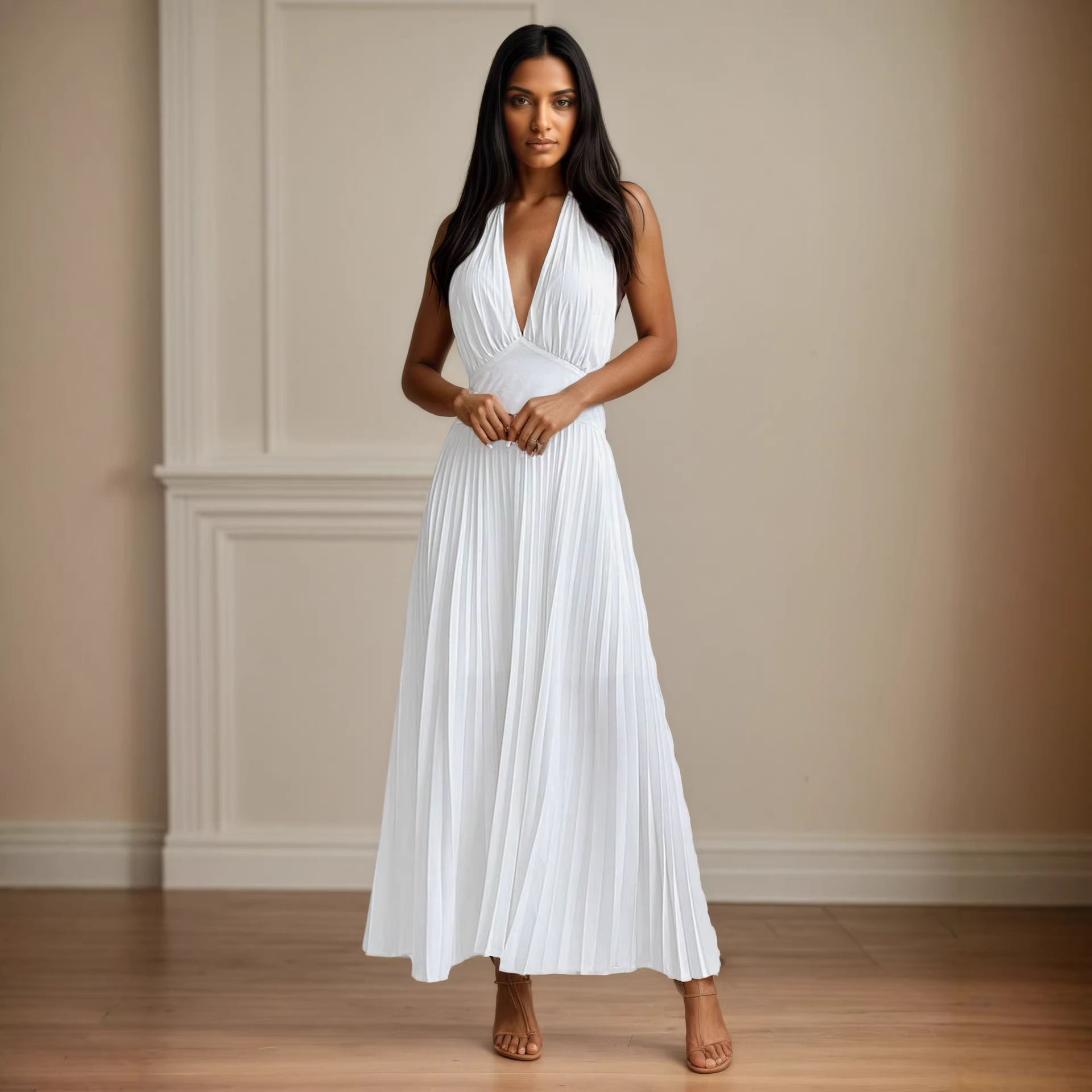 Neck Hanging Sleeveless Pleated Maxi Dress Flattering Backless Gown - Image 5