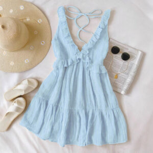 Irregular Lace Backless Cross-Tie Solid Color Mini Skirt