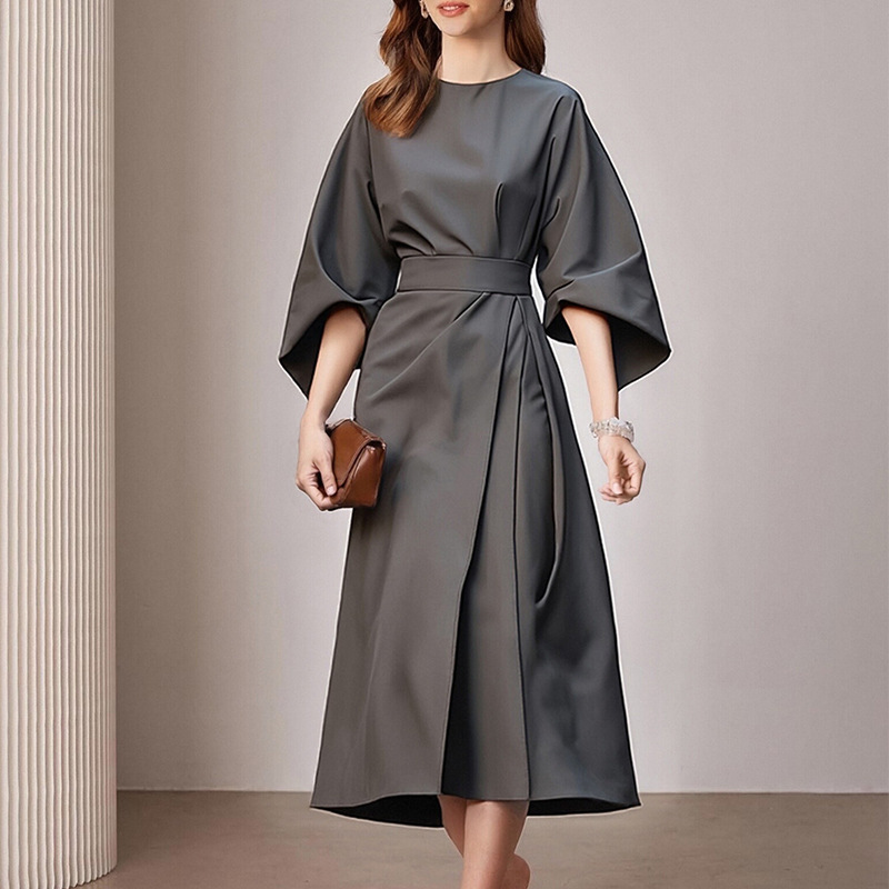 Fashionable Casual Everyday Commuter Solid-color Crew-neck Lace-up Dress - Image 2