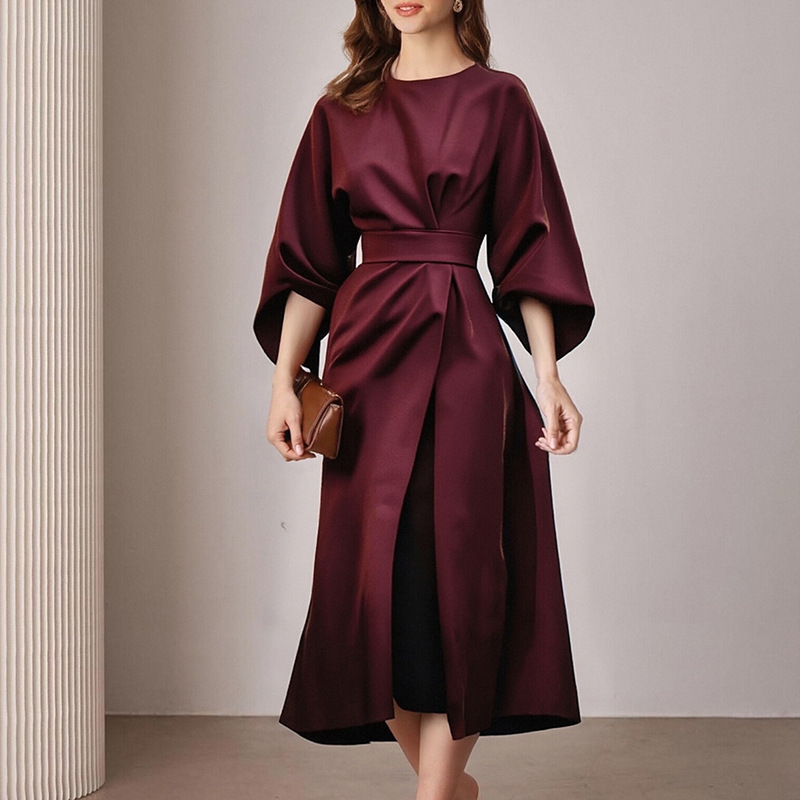 Fashionable Casual Everyday Commuter Solid-color Crew-neck Lace-up Dress - Image 8