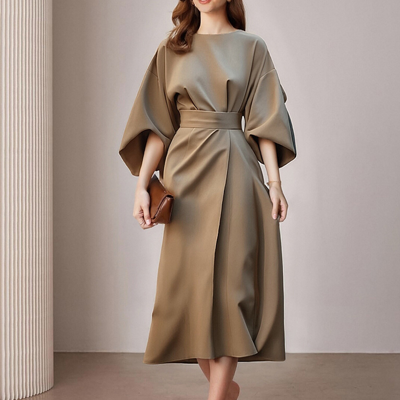 Fashionable Casual Everyday Commuter Solid-color Crew-neck Lace-up Dress - Image 9