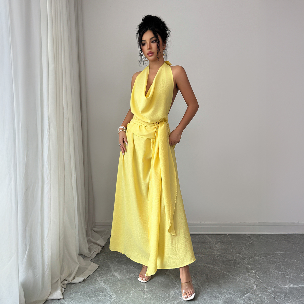 Womens Solid-Color Elegant French-Style Resort Halter Dress