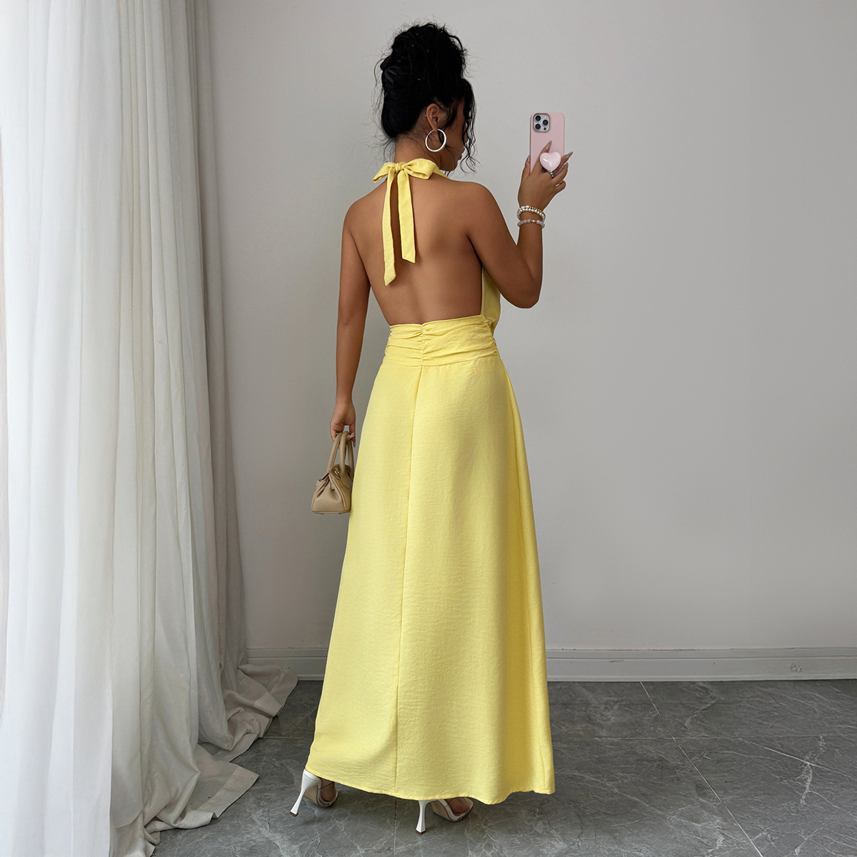 Womens Solid-Color Elegant French-Style Resort Halter Dress - Image 4