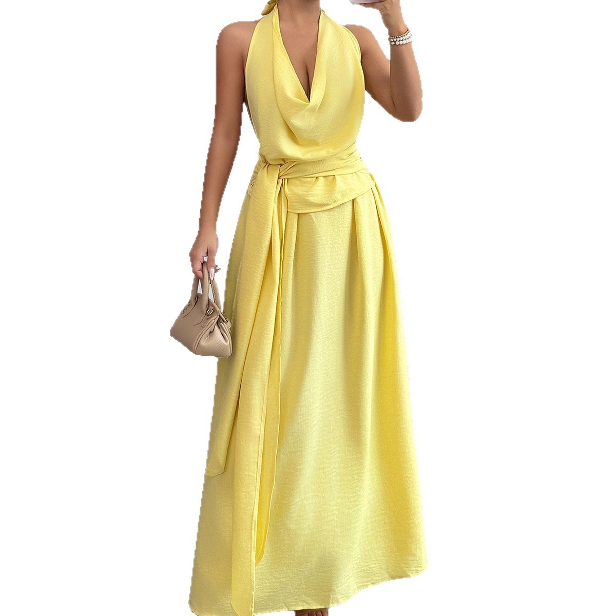 Womens Solid-Color Elegant French-Style Resort Halter Dress - Image 5