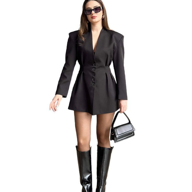 Solid-color Long-sleeve V-neck Multi-button Dress - Image 8