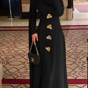 Black Turtleneck Cape Sleeve Gold Button Maxi Dress