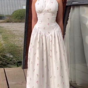 White Floral Print Turtleneck Sleeveless Waist-Cinched Maxi Dress