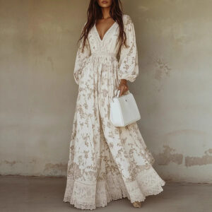 Casual Western-style AutumnWinter Long-Sleeve Printed Lace-Trimmed Dress