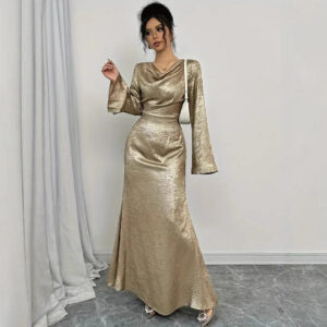 New Sexy Gold-dusted Evening Dress With Long Sleeves