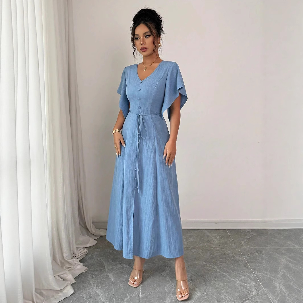 Elegant French-inspired High-end Blue V-neck Belted Maxi Dress - Image 2