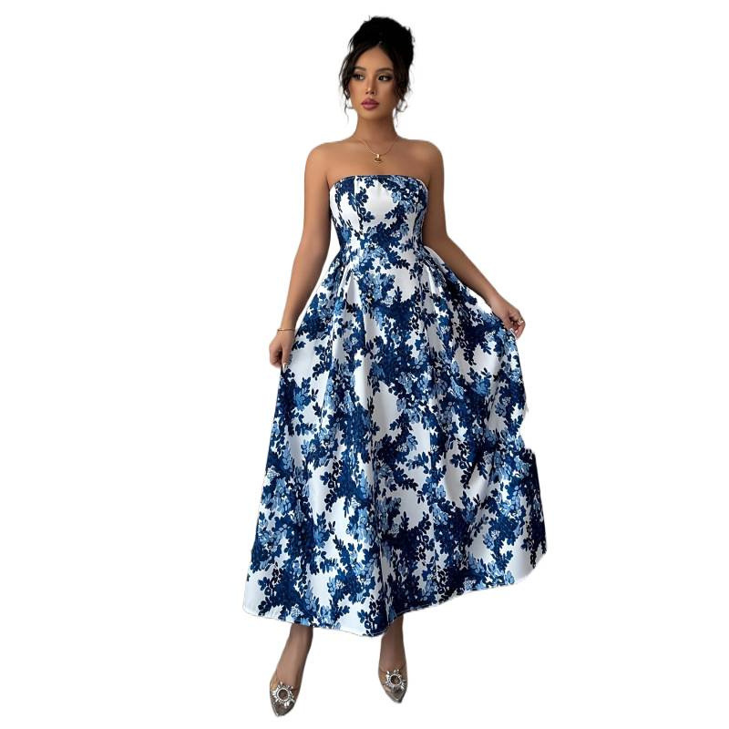 Womens Strapless Printed Casual A Line Dress - Image 3